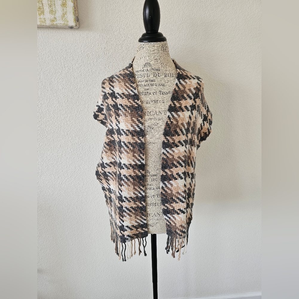 Charter Club 100% Cashmere Scarf Basketweave Houndstooth Neutral Plaid Fringe